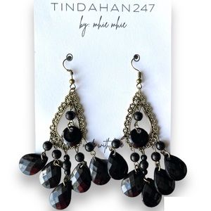 Susie Chandelier Hollow Sides Design Almond Shape‎ Black Onyx Gems Earrings
